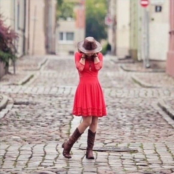 Free People Red Cut Out Lace Fit and Flare Dress - Picture 9 of 12